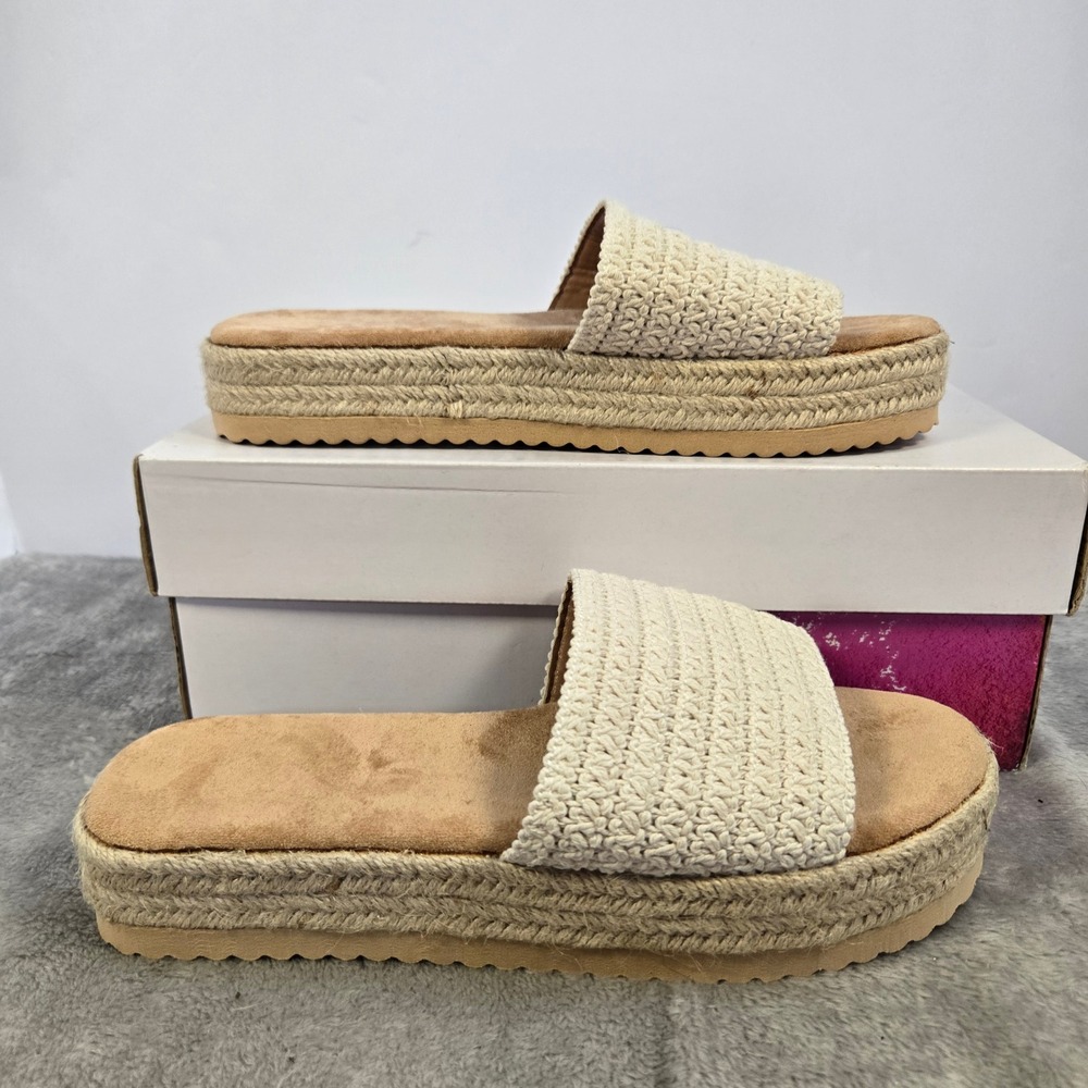 Womens Crochet Espadrille Platform Slide Sandals Cream Beige Size 39 Slip On - Picture 2 of 5
